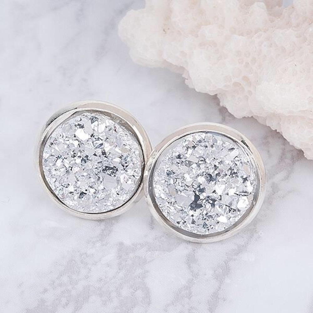 White Druzy Stud Earrings